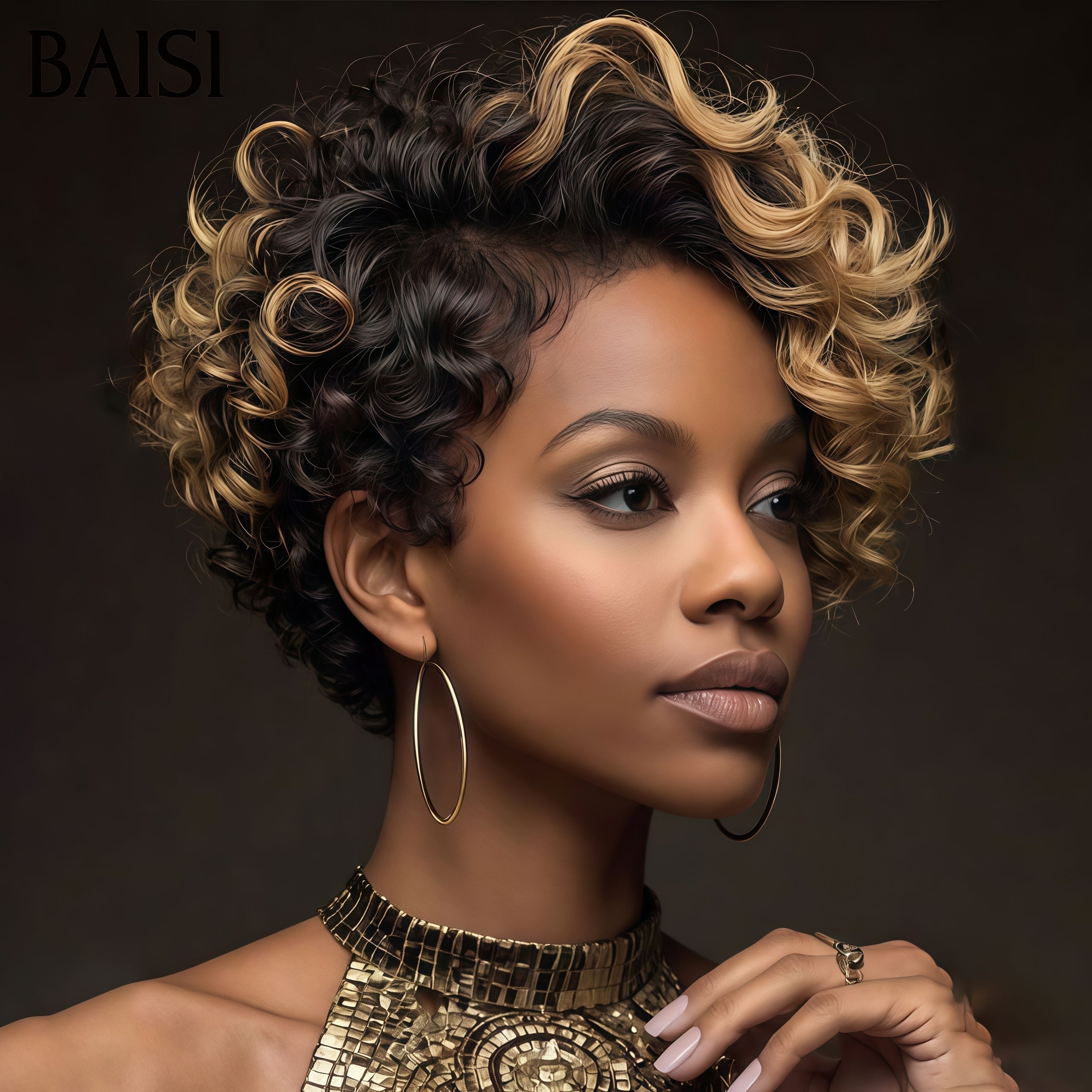 BAISI Perruque nouveau produit Bas Prix 69€ pixie sans lace Naturelle wave NOIR Mixte Miel en 100% cheveux humains