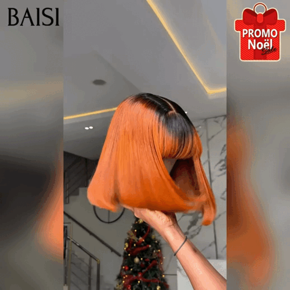 BAISI perruque 100% Vietnam Hair SDD BONE STRAIGHT Lisse BOB avec Frange de luxe Personnalisation orange avec racine NOIR en 100% vrais cheveux humains