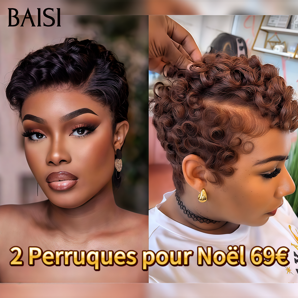 BAISI PROMO 2 Perruques 69€ Bas Prix pixie 13x4 lace frontal finger wave perruque chioma Marron et NOIR en 100% cheveux humains