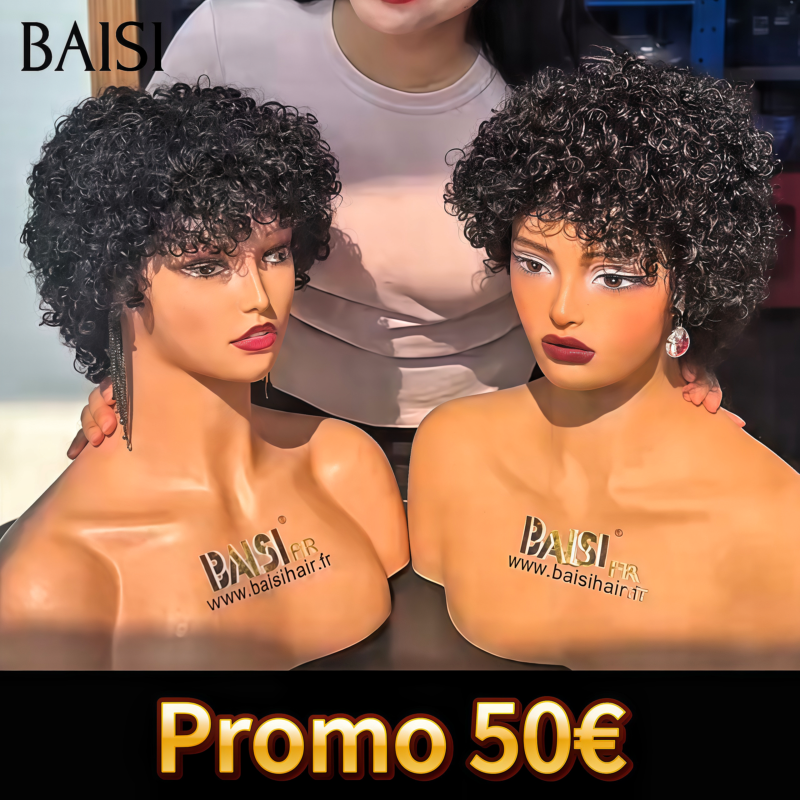 BAISI Perruque pixie 50€ Facile à porter en France sans Colle Fabriqué à la Machine NOIR curl wave en 100% Cheveux Humains