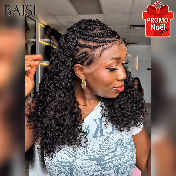 BAISI perruque avec coiffure tressée natte lace frontal 13x4 curly wave noir 20 pouces Offre Flash 139€ en 100% Cheveux Humains