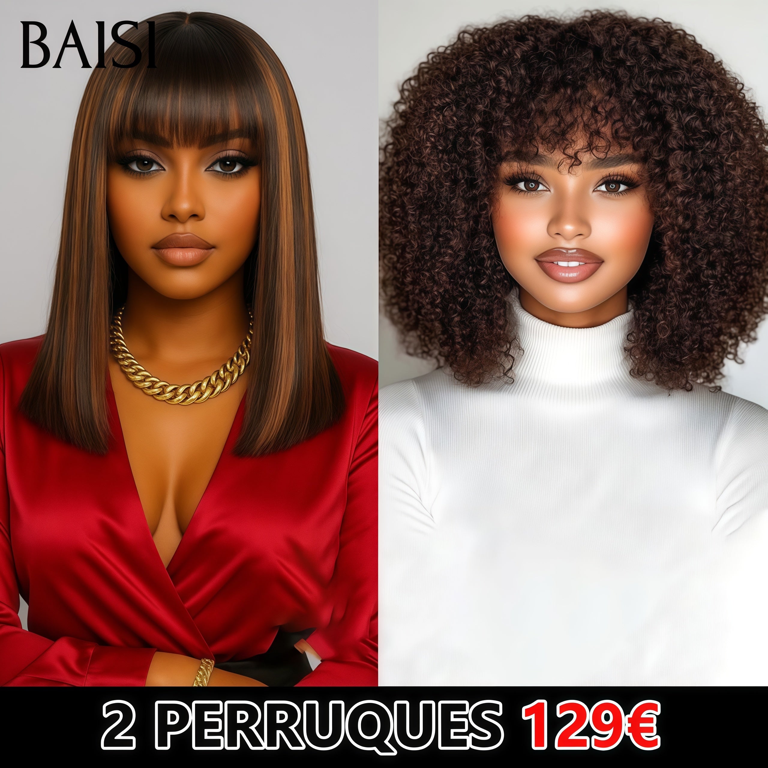 BAISI PROMO 2 Perruques 129€ Lisse BOB avec Frange Mixte Miel et curly wave avec Frange Marron en 100% cheveux humains