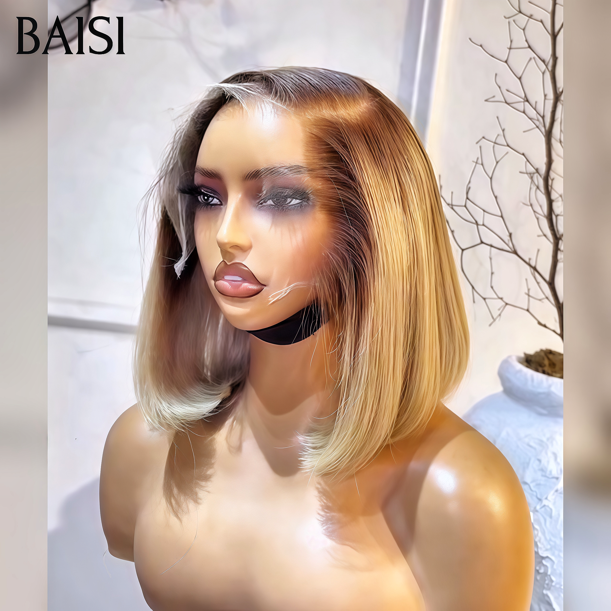 BAISI perruque Lisse BOB 13X4 lace frontal SDD BONE Straight Haute Qualité en couleur blonde 4/613# 250% Densité 100% Vietnam Hair