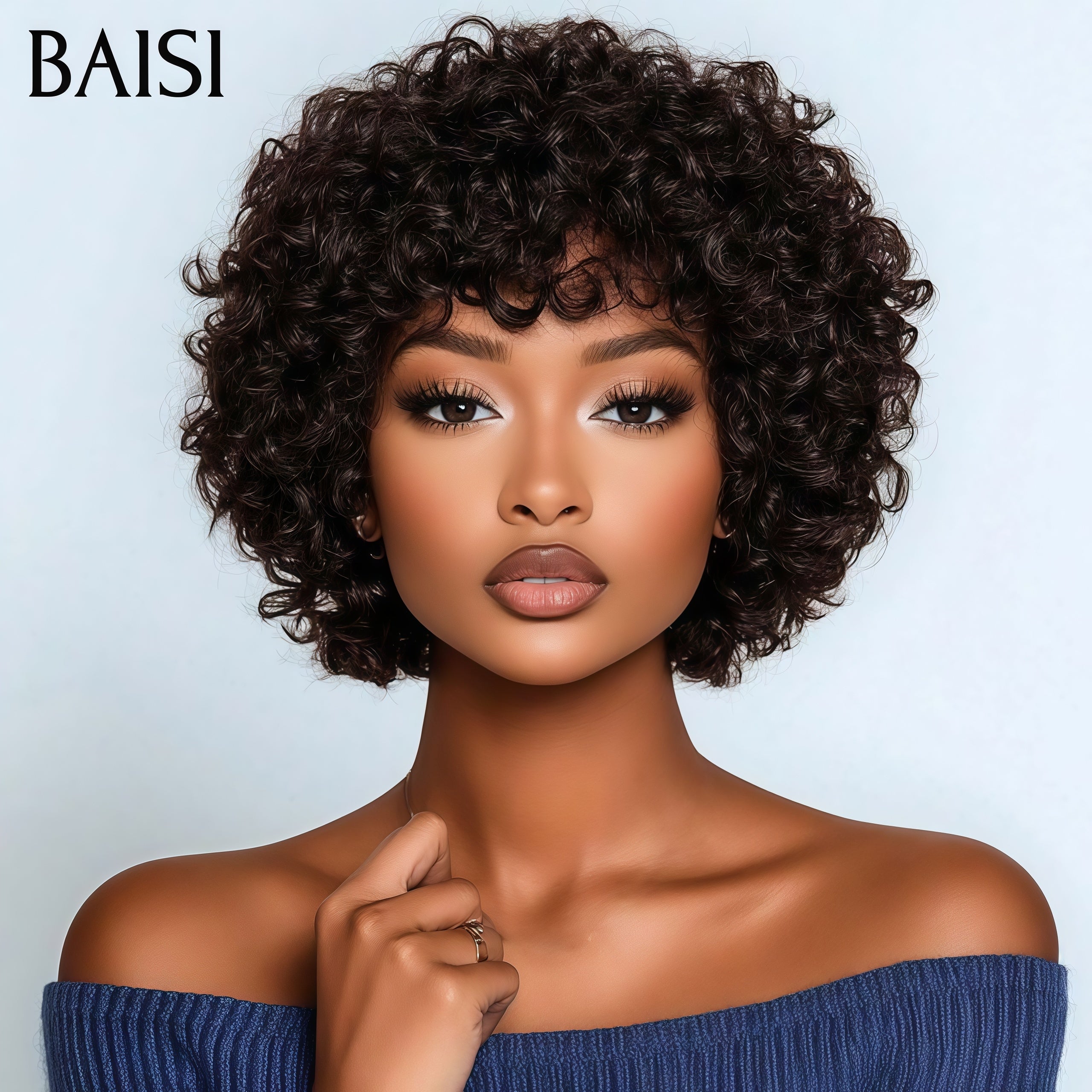 BAISI Perruque pixie Facile à porter curly wave sans Colle Fabriqué à la Machine NOIR Moitié Prix 69€ en 100% Cheveux Humains