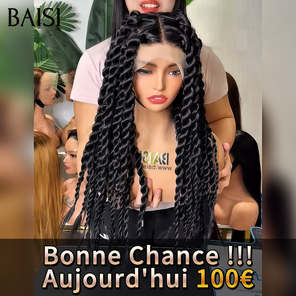 BAISI 13x4 lace frontal Perruque avec coiffure tressée natte noir Flash Offer 100€ 100% Identique 100% Cheveux Humains