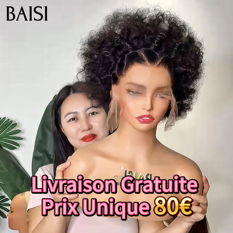 BAISI 13x4 lace frontal Perruque Prix Unique 80€ afro curly NOIR Chignon de nattes Moitié prix 100% Cheveux Humains
