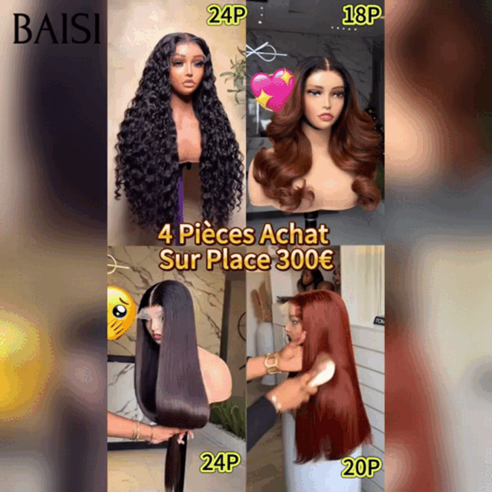 BAISI 4 Pièces Achat 300€ Facile à Revendre 13x4 lace frontal Lisse et curly wave et Body wave en 100% Cheveux Humains