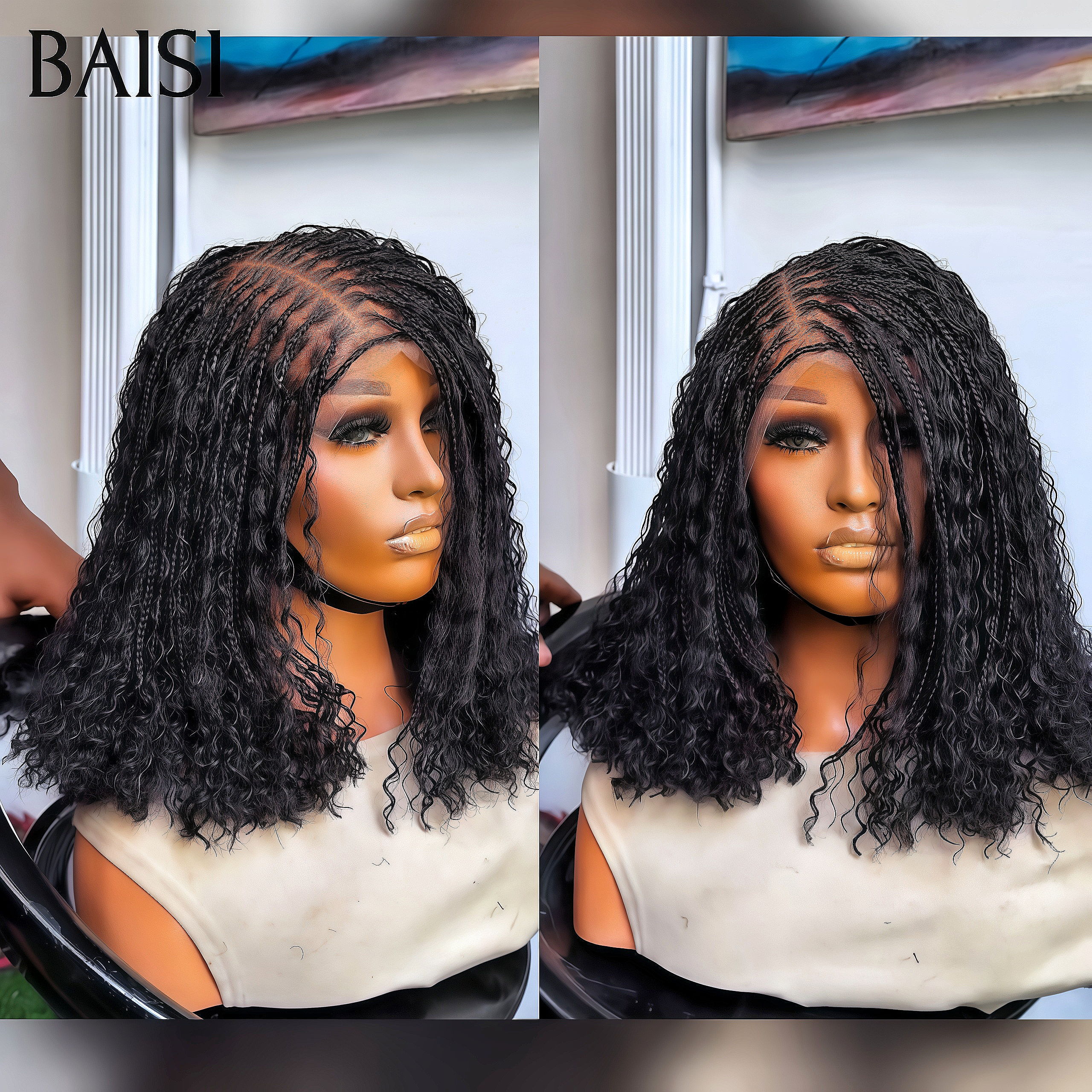 BAISI 13x4 lace frontal Coiffure à la mode Perruque avec coiffure tressée natte noir 99€ 18 Pouces en 100% Cheveux Humains
