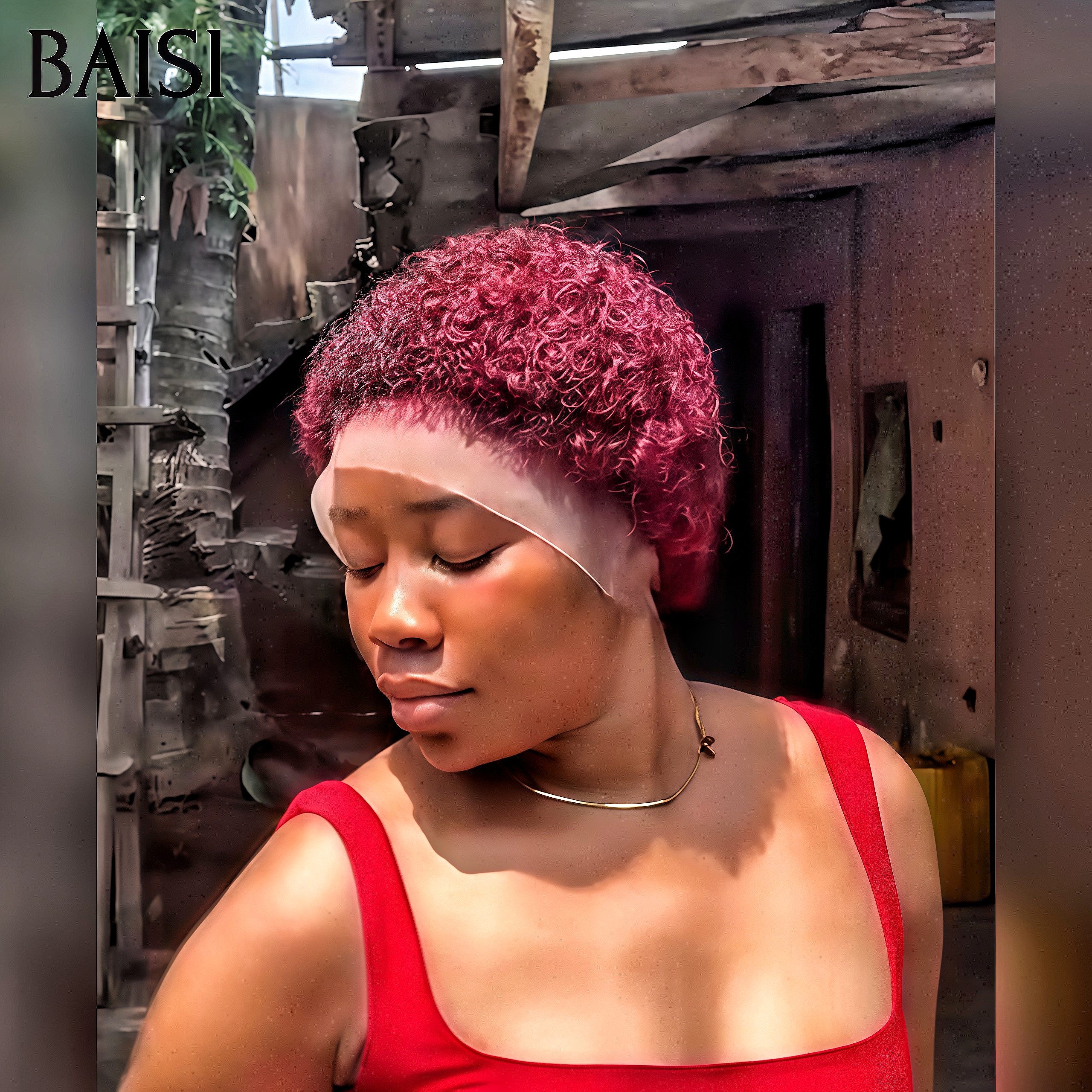 BAISI Nouveaux modèles 13X4 lace Perruque Pixie Afro 69€ ou sans Colle 42€ Coiffure Bordeaux en 100% Cheveux Humains