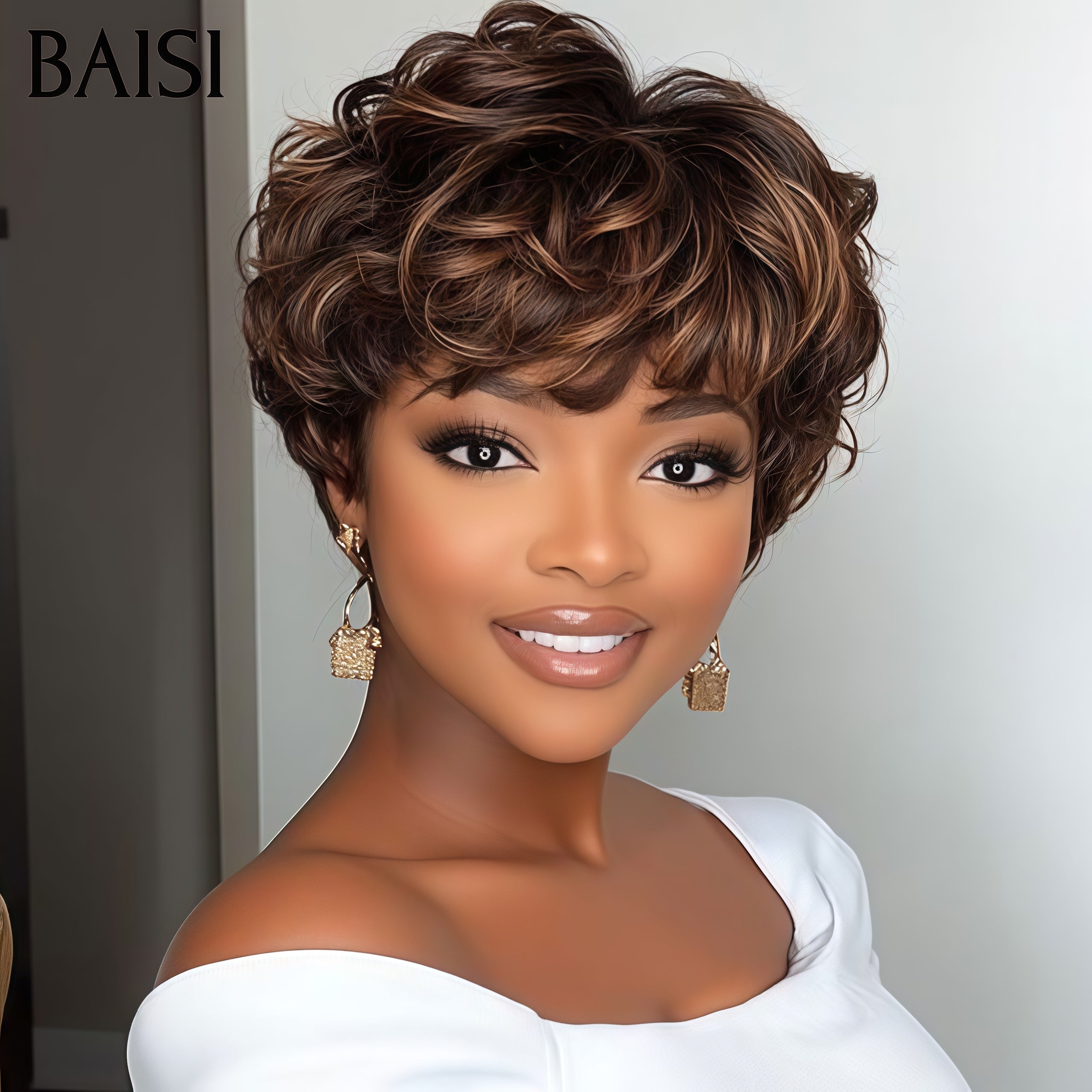 BAISI Perruque pixie Lisse Mixte Miel sans Colle Fabriqué à la Machine Promotion 60€ en 100% Cheveux Humains