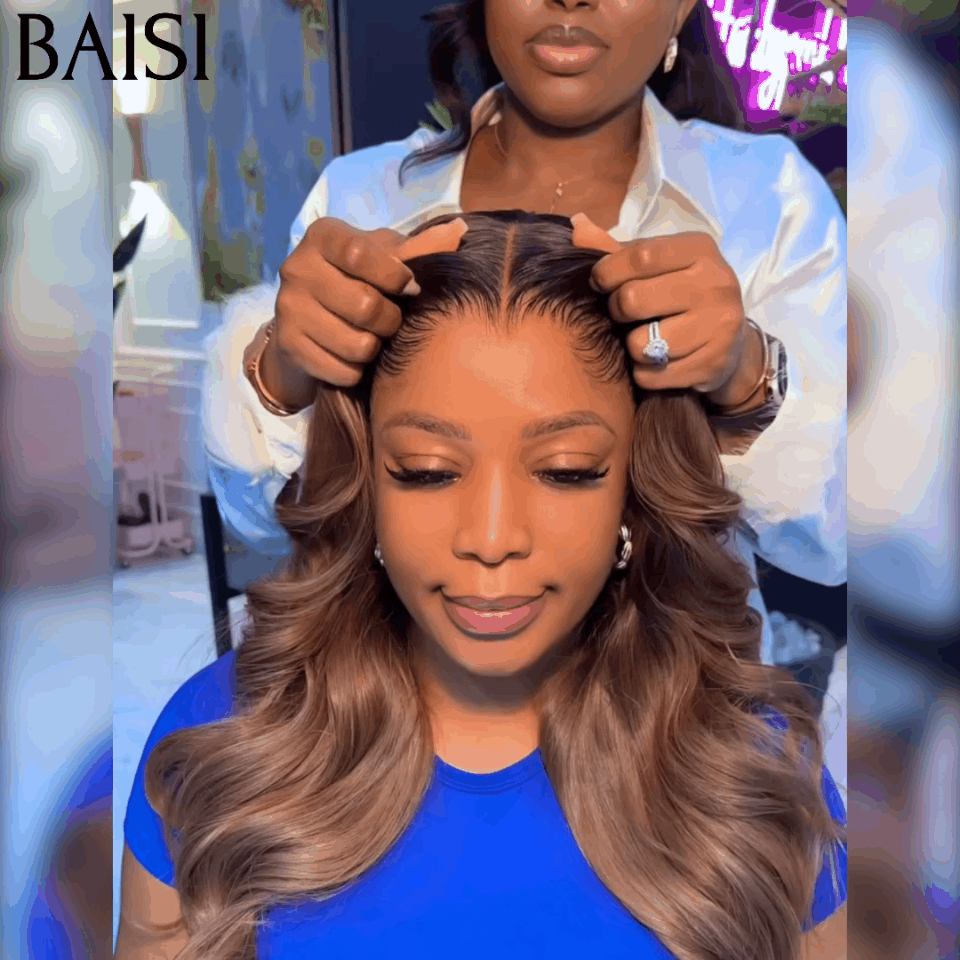 BAISI 13x4 Frontal-Körperwellen-Perücke in Braun #1B4, vorgezupft, kein Kleber erforderlich, aus 100 % Rohhaar, Spitze bereits geschnitten