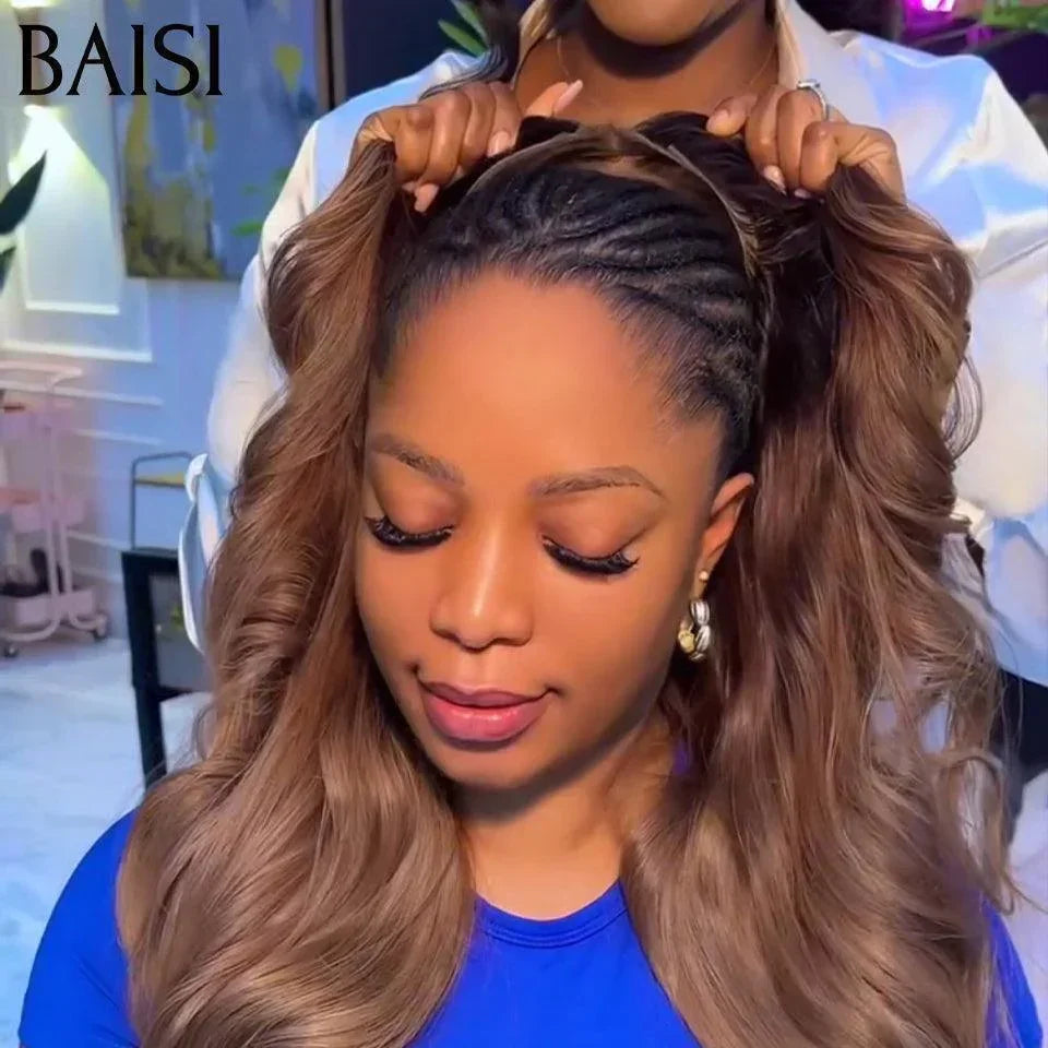 BAISI 13x4 Frontal-Körperwellen-Perücke in Braun #1B4, vorgezupft, kein Kleber erforderlich, aus 100 % Rohhaar, Spitze bereits geschnitten