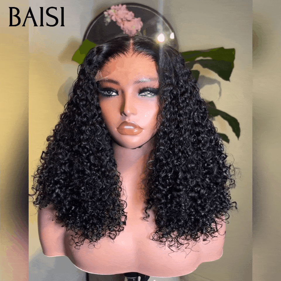BAISI Bob Perruque Bouclée Water Wave 4X4 lace 250% Densité 100% Cheveux Humains FR38