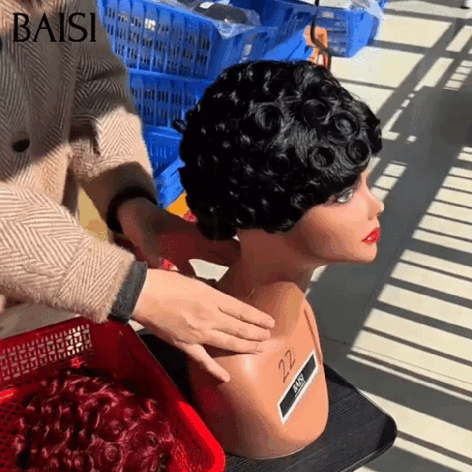 BAISI Perruque chioma pixie Facile à porter finger wave sans Colle Fabriqué à la Machine 3 couleurs Moitié Prix en 100% Cheveux Humains