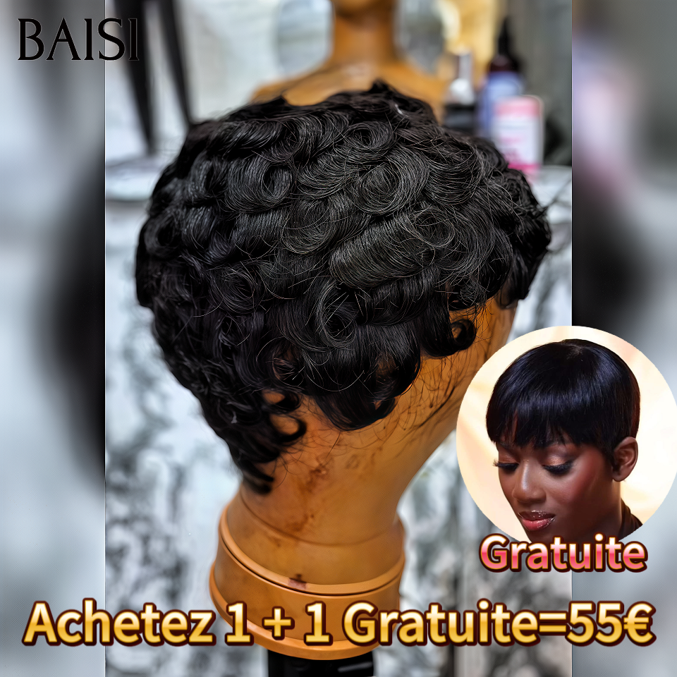 BAISI Promotion Achetez 1 + 1 Gratuite = 55€ sans Lace 2 pièces perruques pixie lisse et finger wave en 100% Cheveux Humains