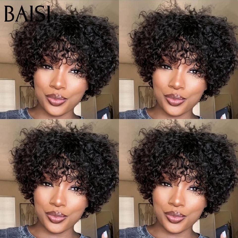BAISI BAISI Achetez 2 perruques minimum au prix d'usine fournisseur 42€ Perruque Bob pixie curly wave avec Frange en Noir Sans Lace sans colle en 100% Cheveux Humains