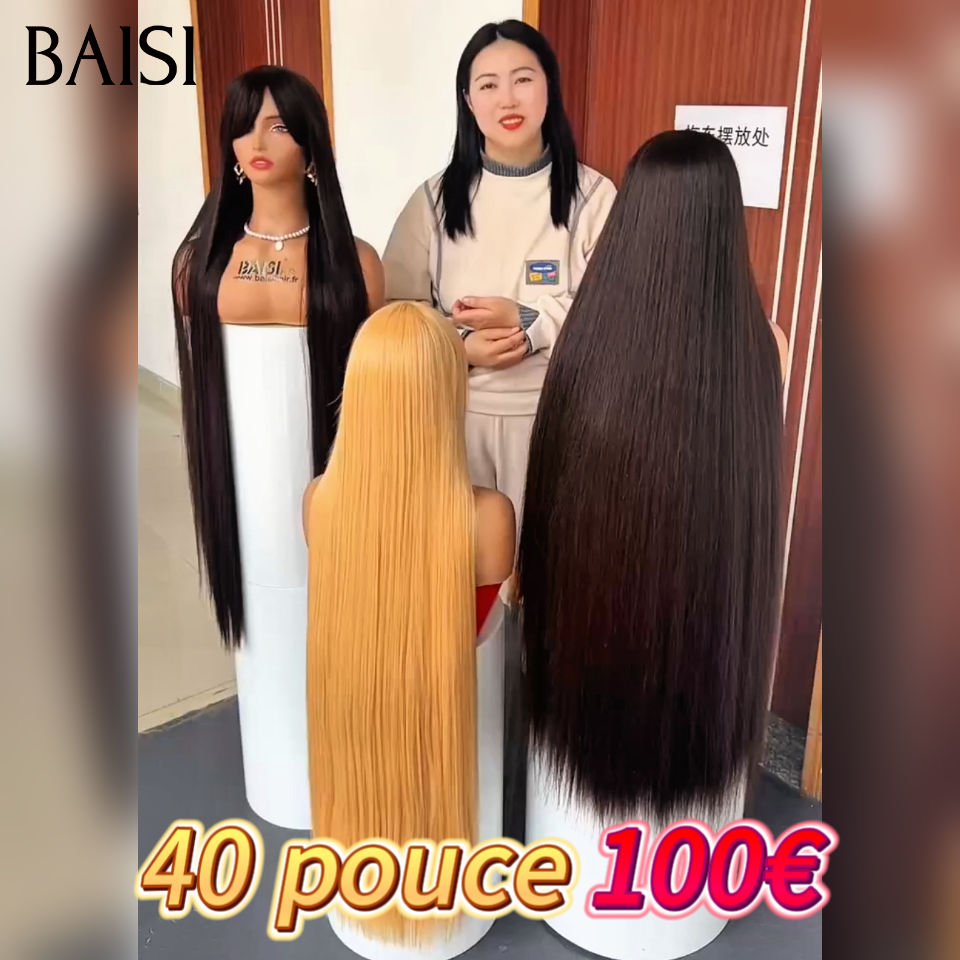 BAISI Perruque 40 Pouces 100€ Lisse avec Frange sans Colle Fabriqué à la Machine Moitié Prix cheveux de luxe SY comme la vidéo