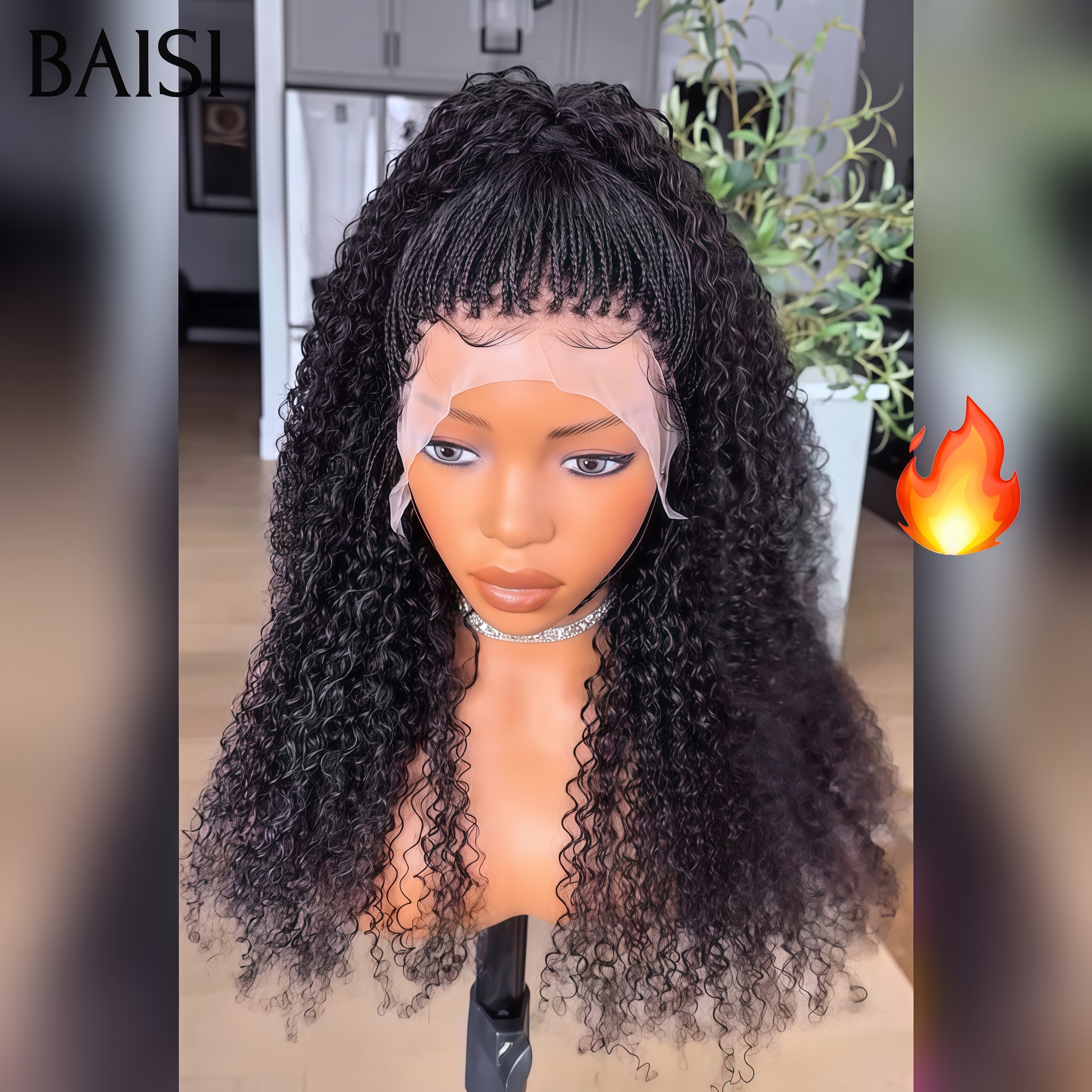 BAISI Perruque 13x4 lace frontal 22 pouce 138€ Moitié prix curly wave avec coiffure tressée natte noir en 100% Cheveux Humains Comme la photo