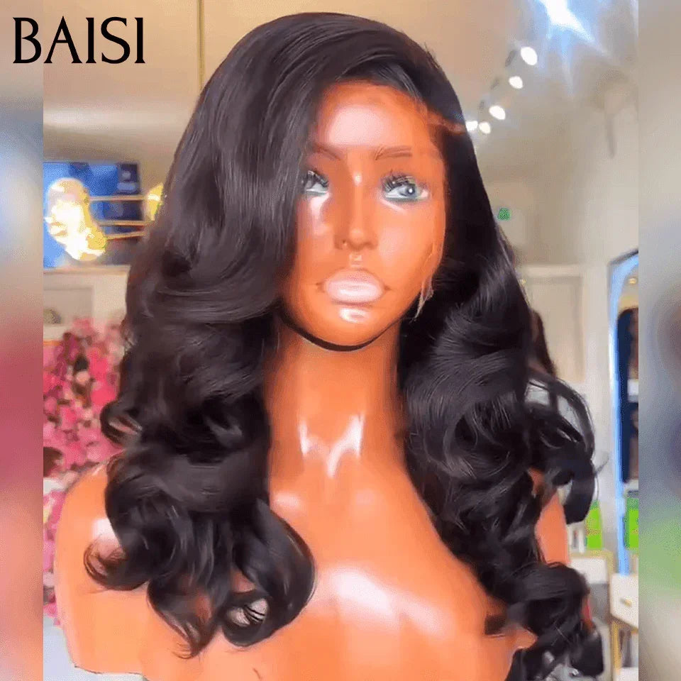 BAISI # 613 Parrucca frontale in pizzo con parte a T Bionda Onda del corpo riccia con pizzo trasparente 13x1x6