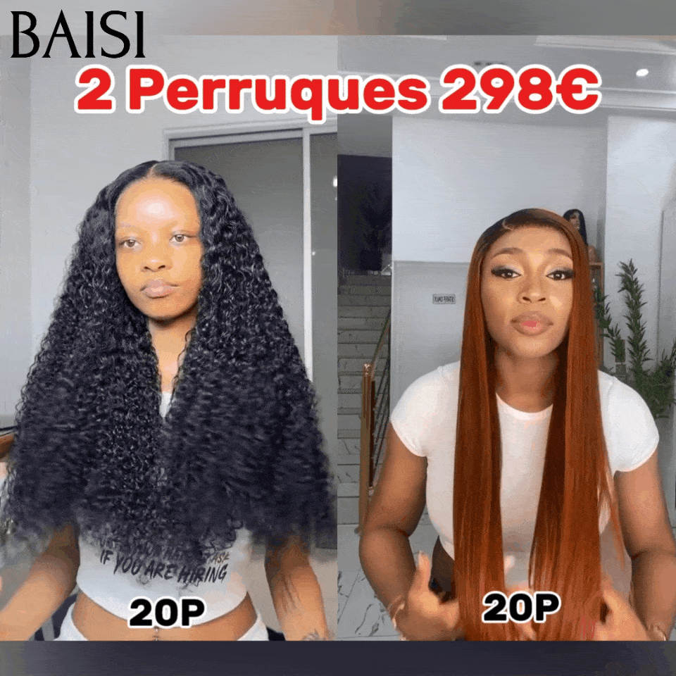 BAISI 6 Perruques en FRANCE 420€ PRIX en promo ou 2 perruques curly et lisse 20 pouces 298€ en 100% vrais cheveux humains, Code: FR20