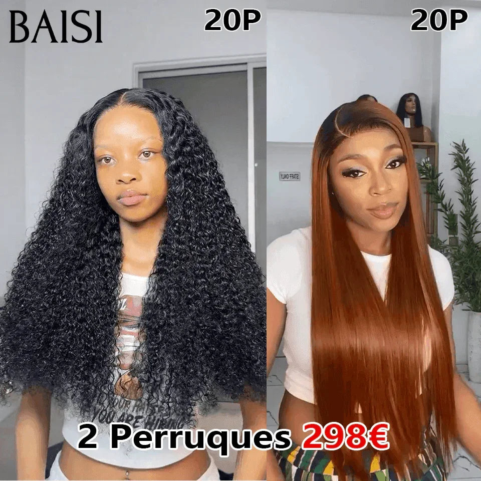BAISI 6 Perruques en FRANCE 420€ PRIX en promo ou 2 perruques curly et lisse 20 pouces 298€ en 100% vrais cheveux humains, Code: FR20