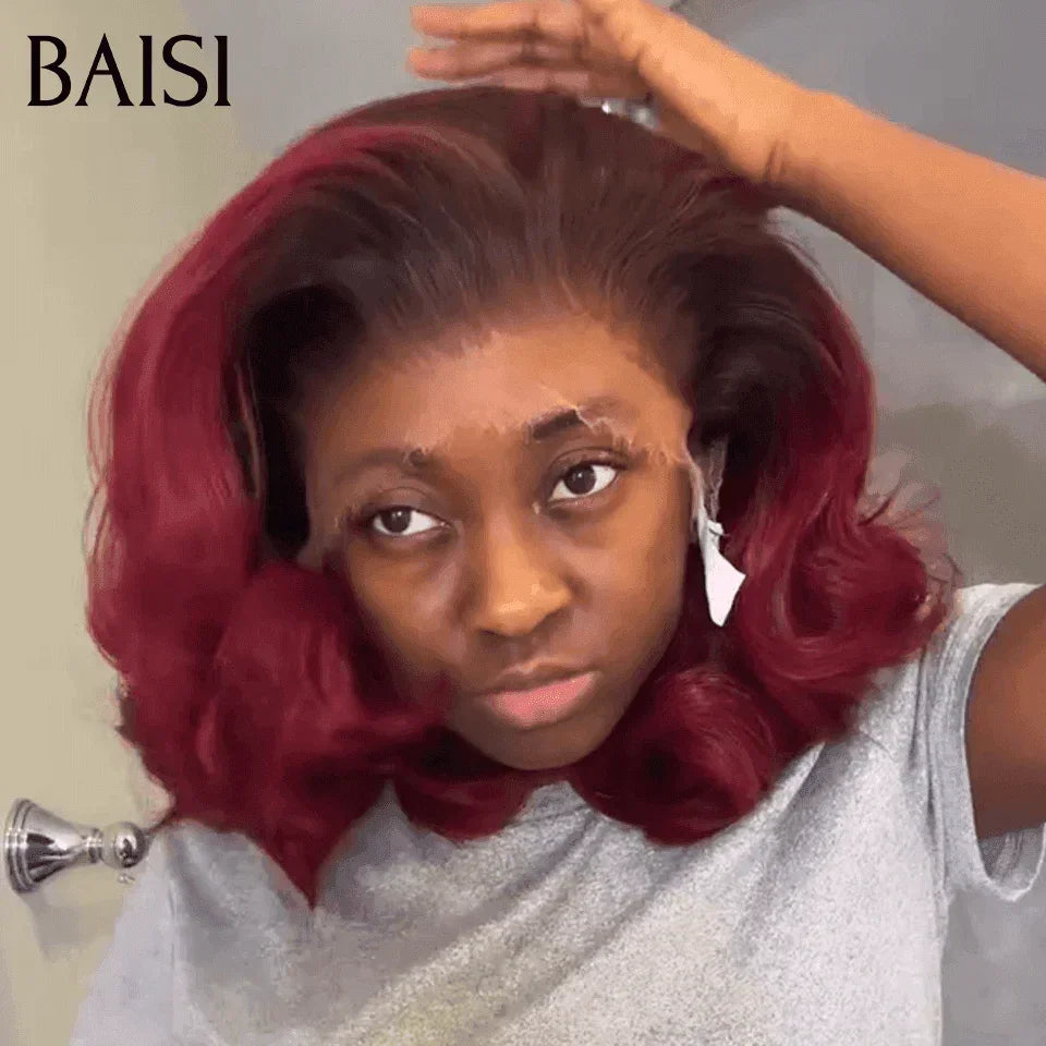 BAISI Achetez 2 perruques minimum au prix d'usine fournisseur 13x4 Frontal Perruque Bob Lisse En Noir Chataîn 1B27 Coupe Carrée ou 13X4 065C 16 pouces en Bordeaux En 100% Vrais Cheveux Humains (Pas Besoin De Code)