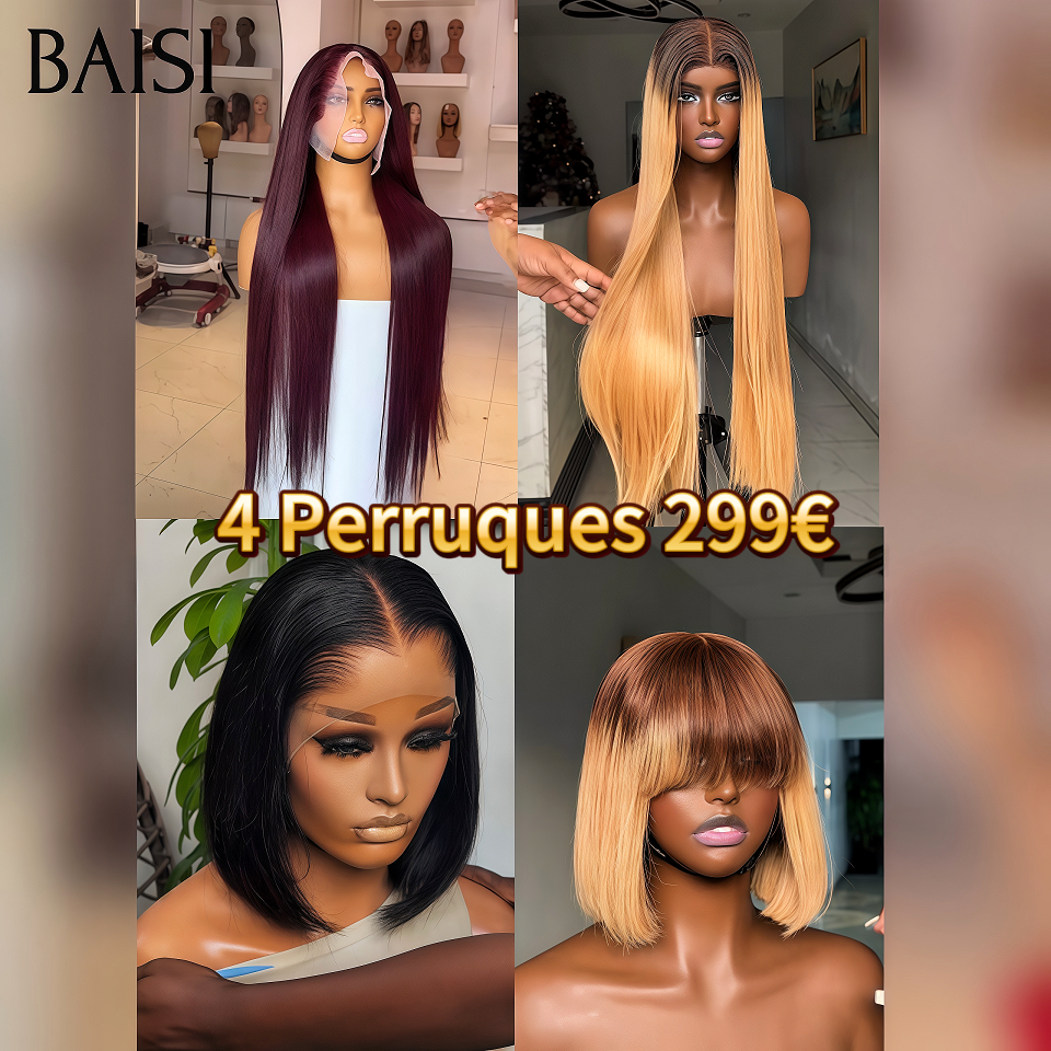 BAISI 4 Perruques 299€ 13x4 lace frontal Lisse Qualité Garantie 3 couleurs noir et miel et bordeaux en 100% Cheveux Humains