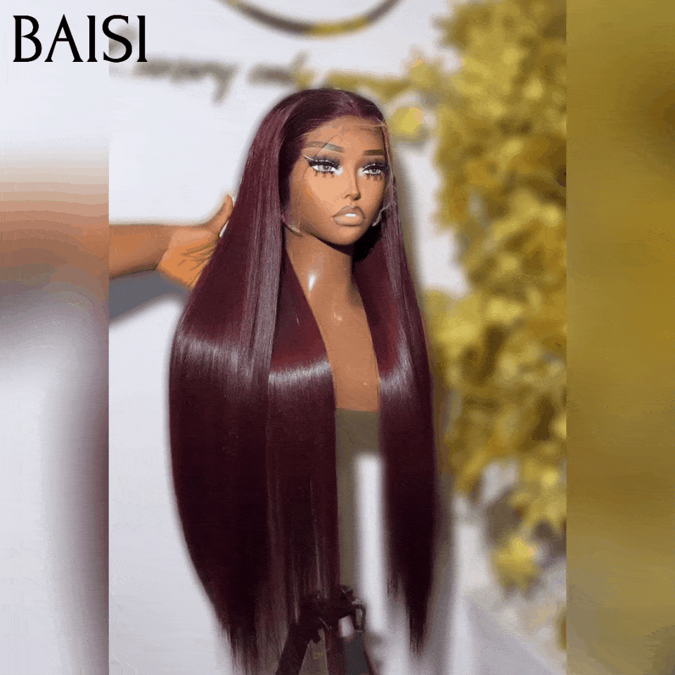 BAISI Acquista almeno 2 parrucche al prezzo di fabbrica fornitore 13x4 Lace Frontal Parrucca Liscia Rosso Bordeaux 99J# Senza Colla Lace già tagliata Facile da Indossare In 100% Capelli Umani (Nessun Codice Necessario)