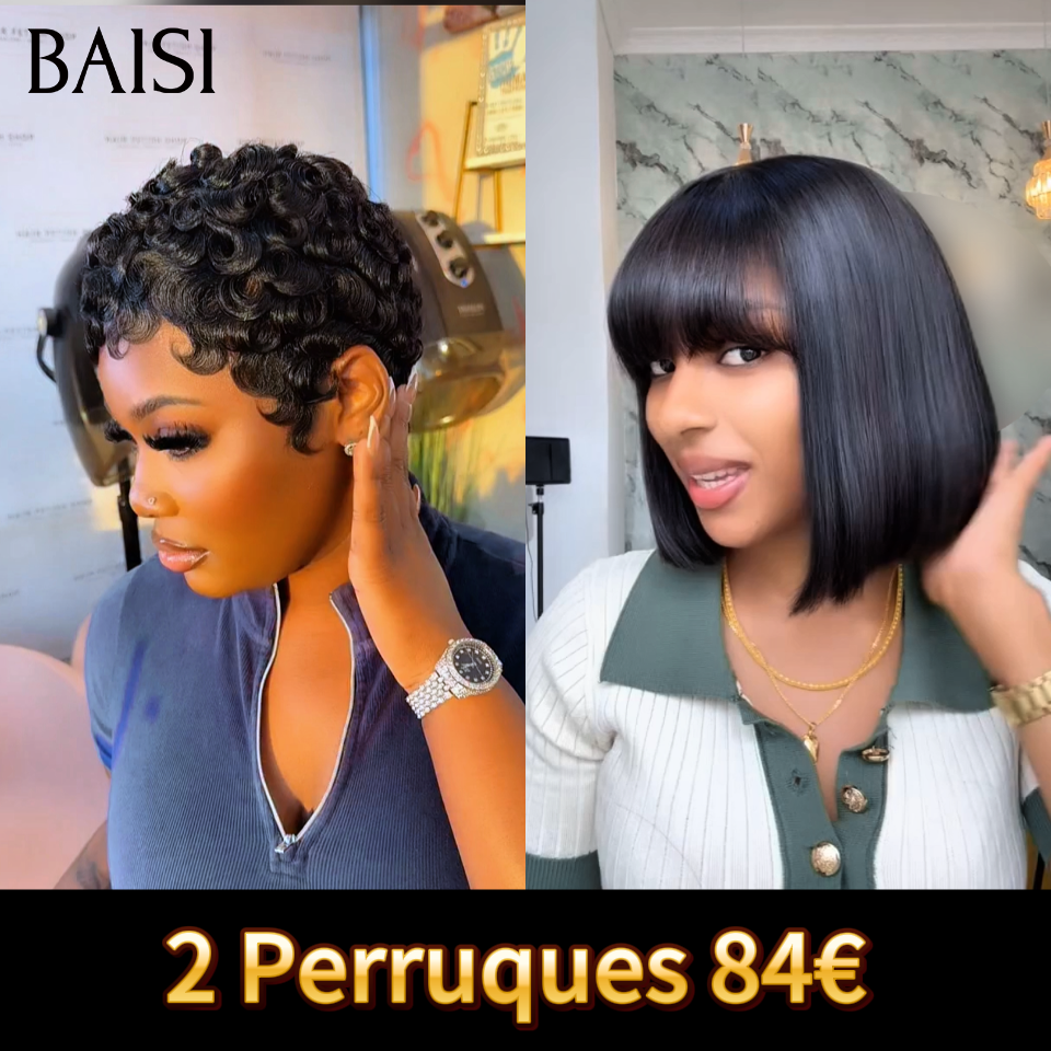 BAISI Facile à Revendre PROMO Prix Grossite 2 Perruques 84€ sans Colle finger wave et Lisse avec Frange BOB en France en 100% Cheveux Humains