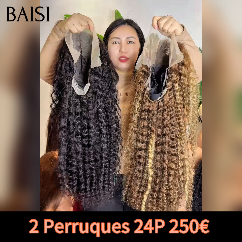 BAISI Promo 2 Perruques 250€ 13x4 lace frontal deep wave 24 Pouces Qualité Garantie 2 couleurs noir et Mixte Miel en 100% Cheveux Humains