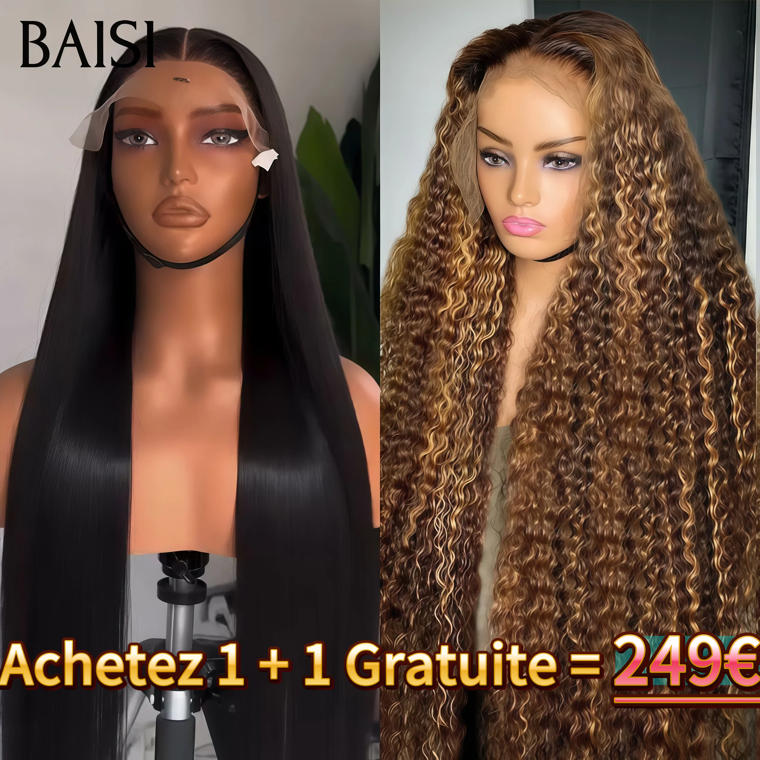 BAISI Achetez 1 + 1 Gratuite = 249€ 13X4 lace frontal curly 26 Pouces en couleur Mixte et Lisse NOIR Perruque en 100% vrais cheveux humains