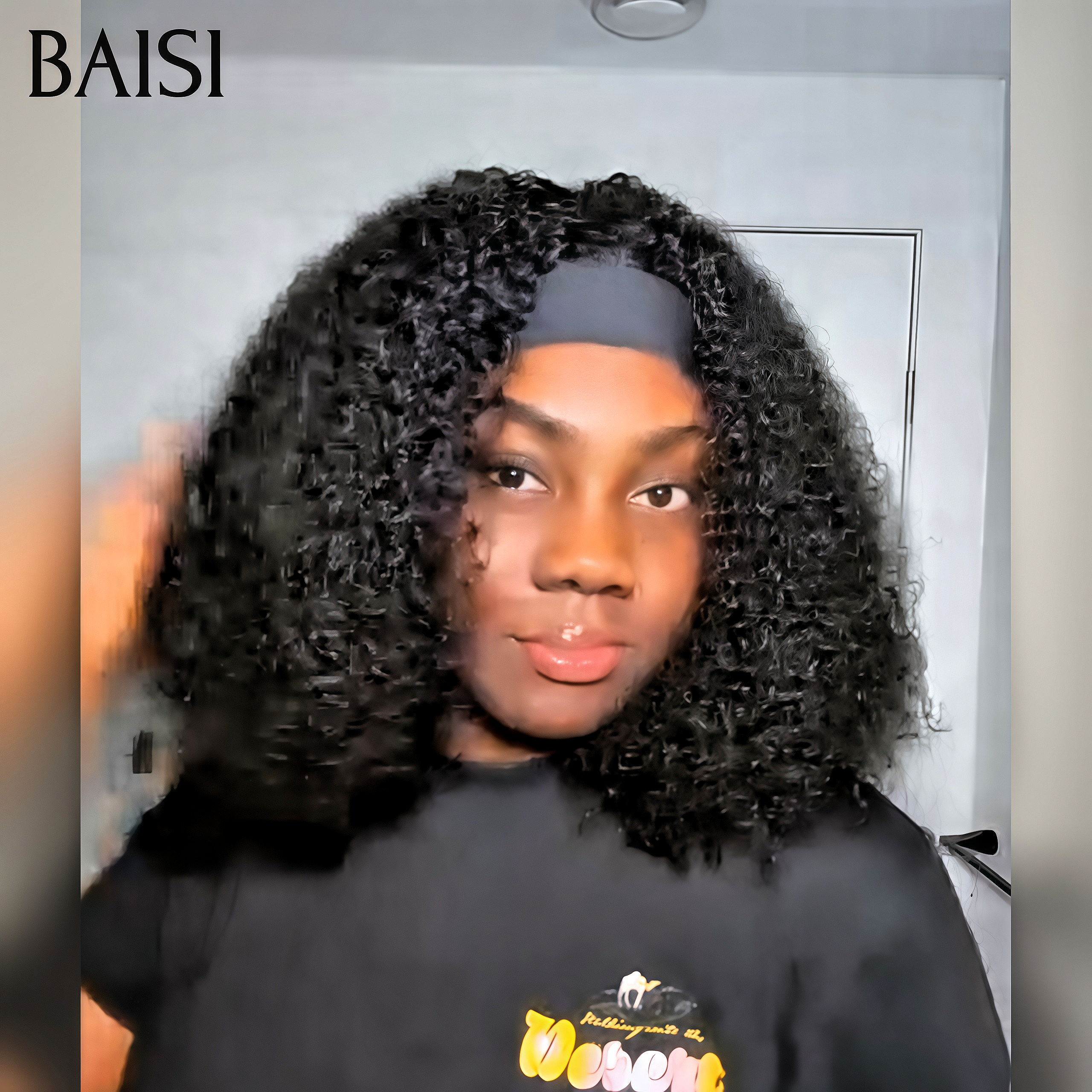BAISI Perruque bandeau promotion 79€ noir 14 pouce kinky curly wave Fabriquée A La Machine sans Colle en 100% Cheveux Humains