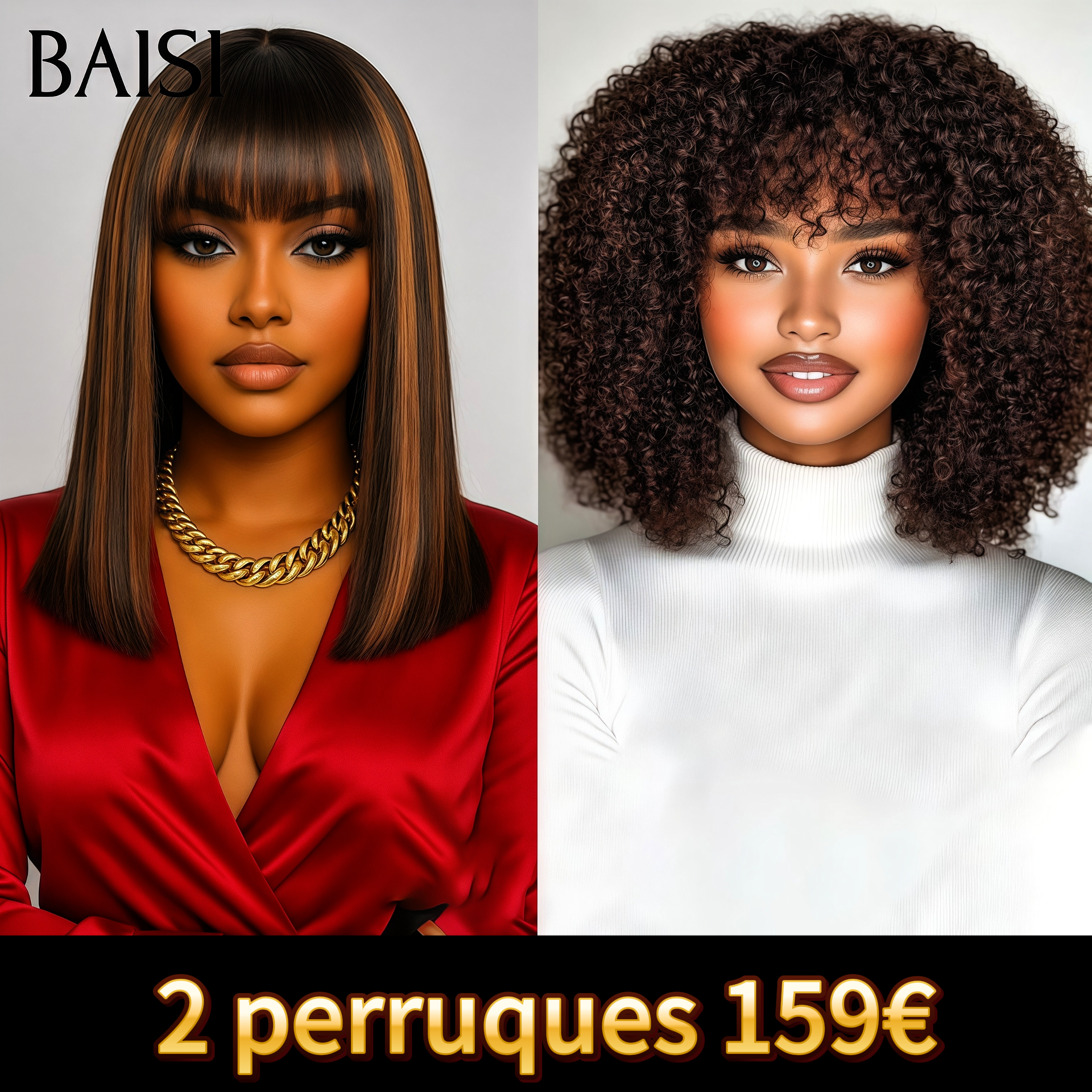 BAISI PROMO 2 Perruques 159€ Lisse BOB avec Frange Mixte Miel et curly wave avec Frange Marron en 100% cheveux humains