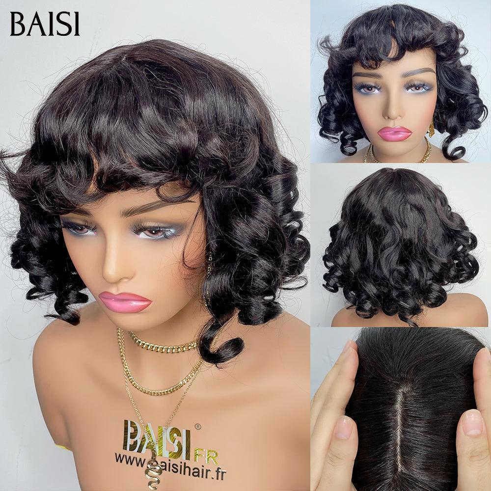 BAISI Curly Non-Lace Wig with Bangs Egg Wave 12 Inch BLACK in 100% Human Hair
