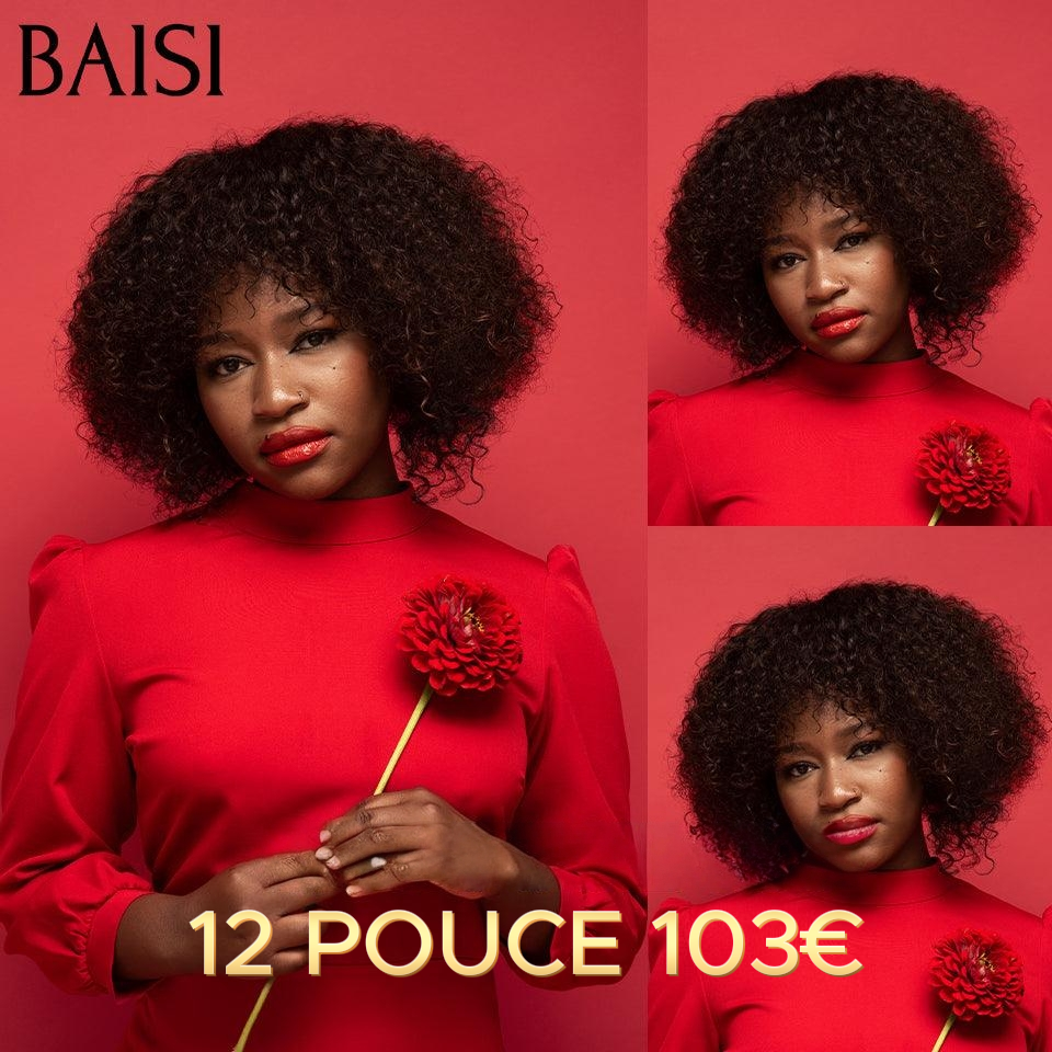 BAISI Afro Curly Wave Wave Wig with Bangs 14 Inches in Brown Color 4#+1 IRON In 100% Real Human Hair Code: BS120