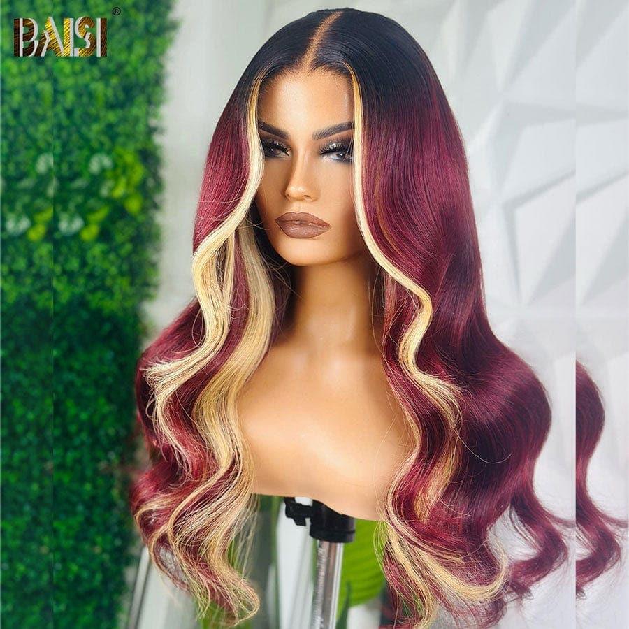 BAISI 13X4 Frontal Perruque Body Wave En couleur 1b bordeaux mèches blonde 613 En 100% Vrais Cheveux Humains