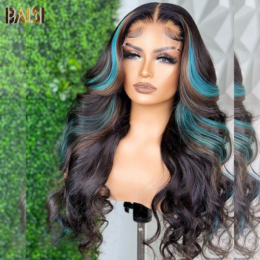 BAISI 13x4 Lace Frontal Body Wave Perücke in der Farbe 1B#4 Stränge blau aus 100 % Echthaar