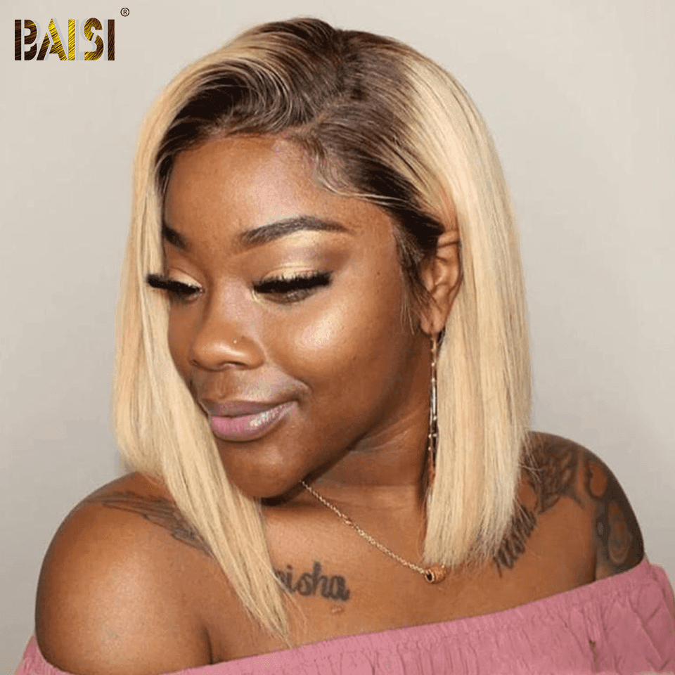 BAISI 13x4 Frontal Perruque Lisse En marron Blonde 4#613 Coupe Carrée En 100% Vrais Cheveux Humains