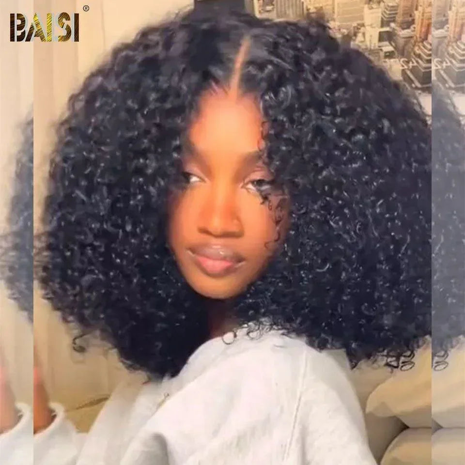 BAISI 300% densité Perruque bob Afro curly 16 pouces en couleur Noir Pré-plucked Pas Besoin de Colle 4C hairline en 100% Raw Hair Lace déjà couper VIP100