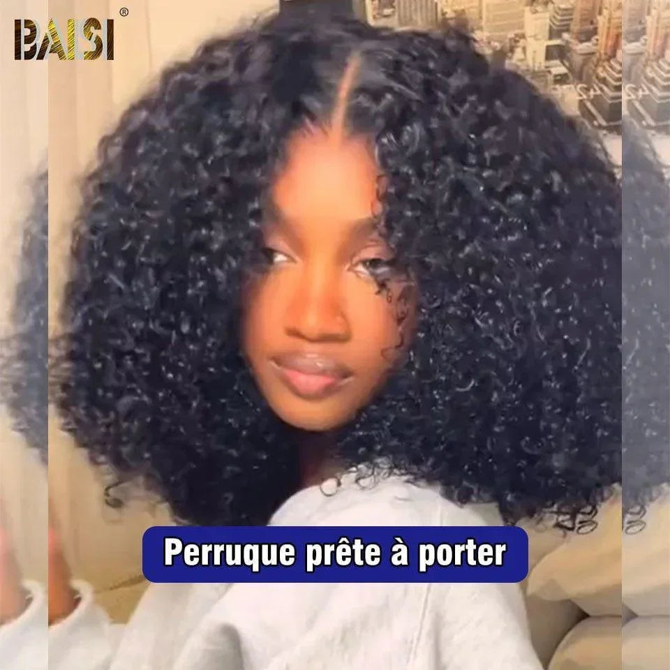 BAISI 300% densité Perruque bob Afro curly 16 pouces en couleur Noir Pré-plucked Pas Besoin de Colle 4C hairline en 100% Raw Hair Lace déjà couper VIP100