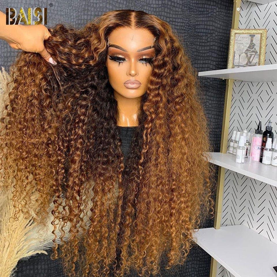BAISI 13x4 Lace Frontale Lace Perruque Bouclé Deep wave ou lisse En Couleur Marron #4#30