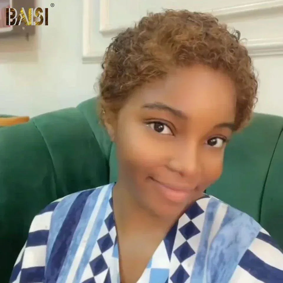 BAISI PROMO Perruque Afro Sans Lace 48€ Pour l'alopécie Perruque Full Lace Coiffure à la Mode 13X4 Perruques Pixie #905 afro curly Couleur Marron Mix Miel 4#27# En 100% Cheveux Humains
