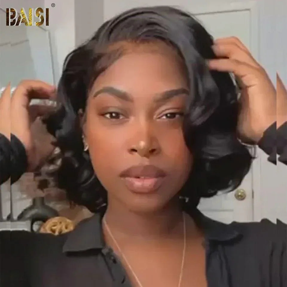 BAISI 13x4 Bob Body Wave Perücke in Schwarz, leimloser Spitzenfrontschnitt, einfach zu tragen, 100 % Echthaar