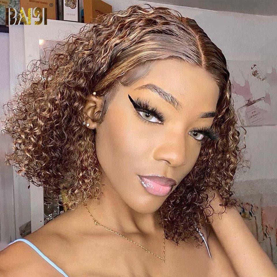 Parrucca Bob riccia BAISI 13X4 in misto # 4 # 27 pre-pizzicata senza colla necessaria in pizzo di capelli grezzi al 100% già tagliato