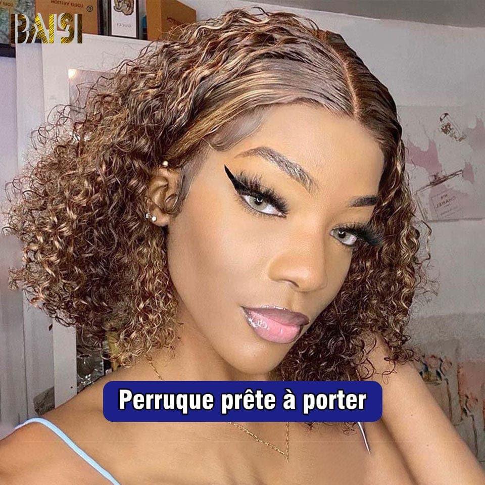 Parrucca Bob riccia BAISI 13X4 in misto # 4 # 27 pre-pizzicata senza colla necessaria in pizzo di capelli grezzi al 100% già tagliato