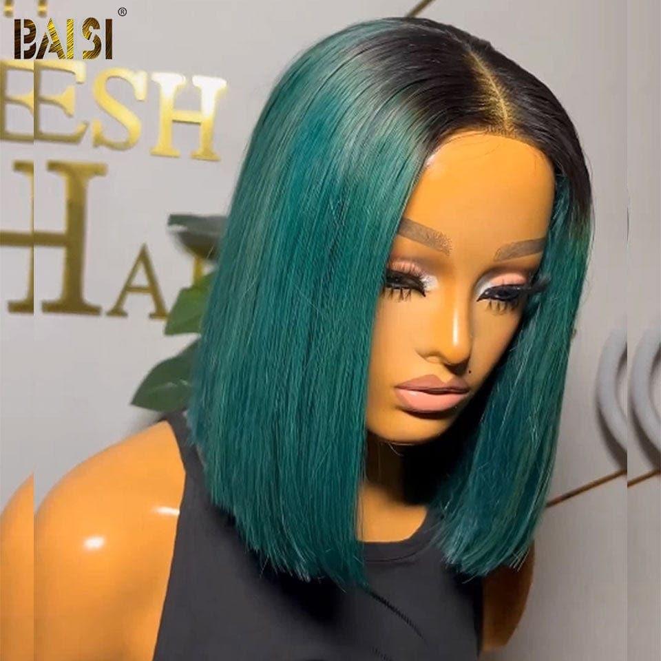 BAISI 13X4 Bob reto peruca na cor # 1B verde pré-arrancado sem necessidade de cola em cabelo 100% cru renda já cortada