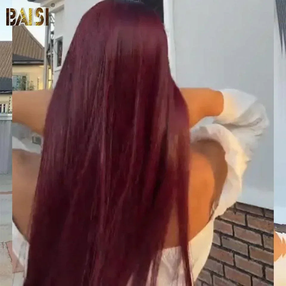 BAISI Cierre de encaje 4x4 peluca cuadrada recta negro rojo Burdeos 1B99J pelo de Vietnam doble hueso liso SDD