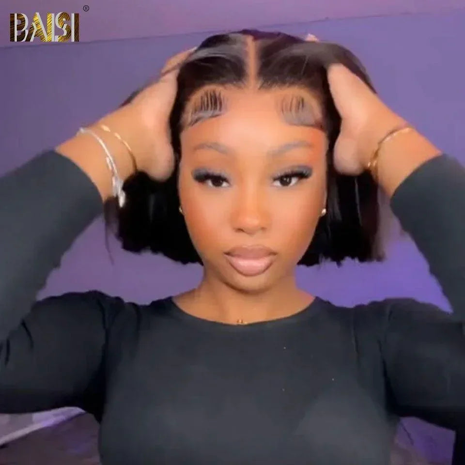 BAISI 13x4 Perruque Bob Lisse 8 Pouce 96€ en Noir Sans Colle Lace déjà couper Facile à Porter en 100% Cheveux Humains D