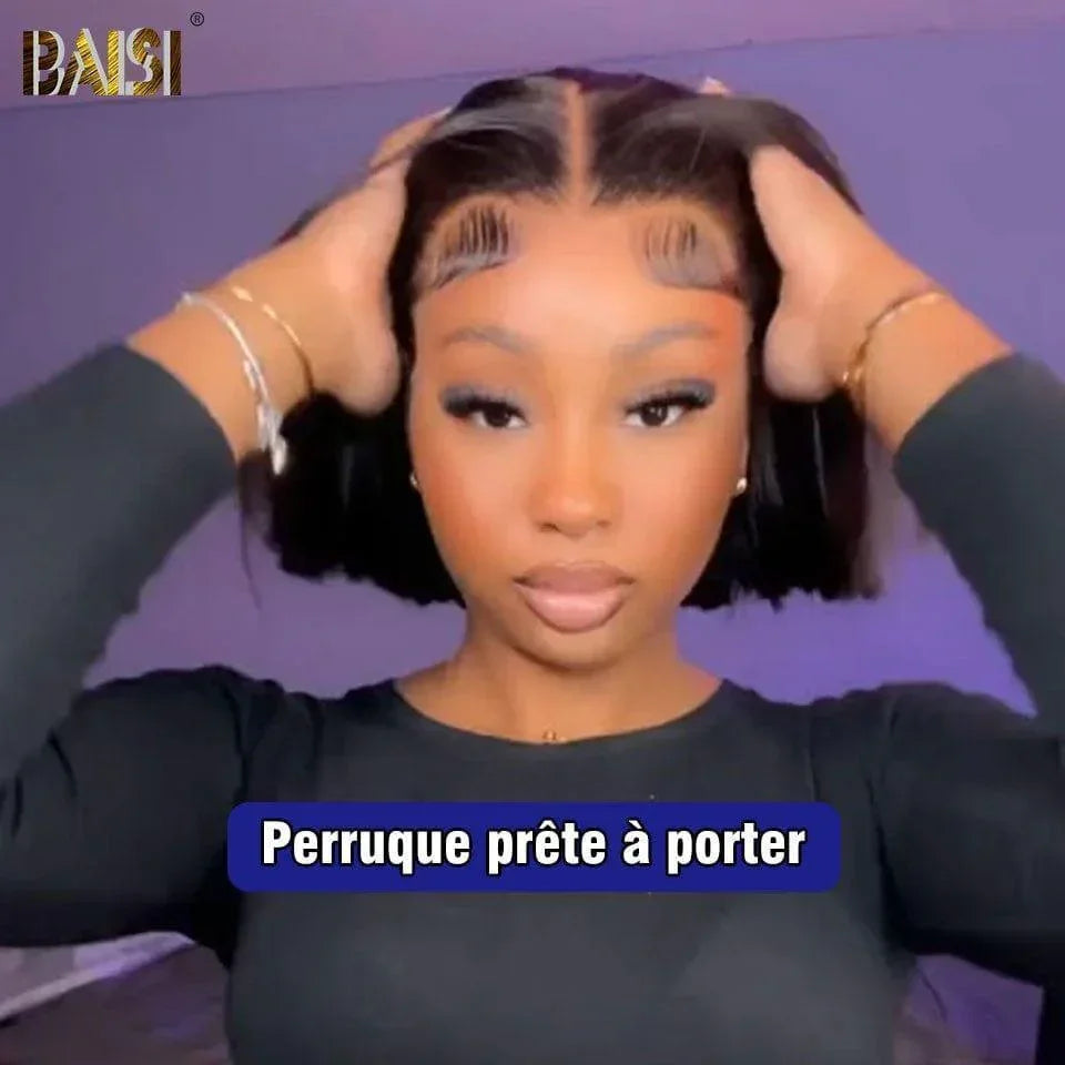 BAISI 13x4 Perruque Bob Lisse 8 Pouce 96€ en Noir Sans Colle Lace déjà couper Facile à Porter en 100% Cheveux Humains D
