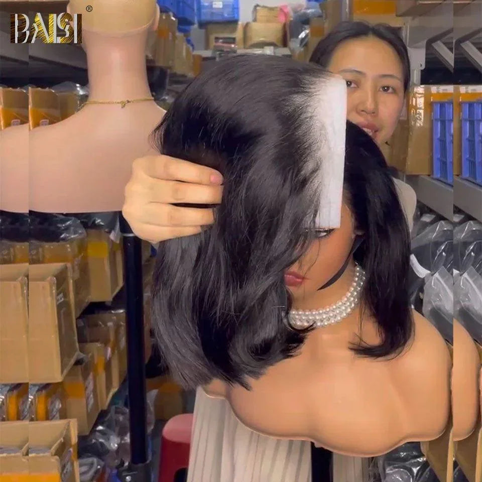BAISI 13x4 Perruque Bob Lisse en Noir Sans Colle Lace déjà couper Facile à Porter en 100% Cheveux Humains B